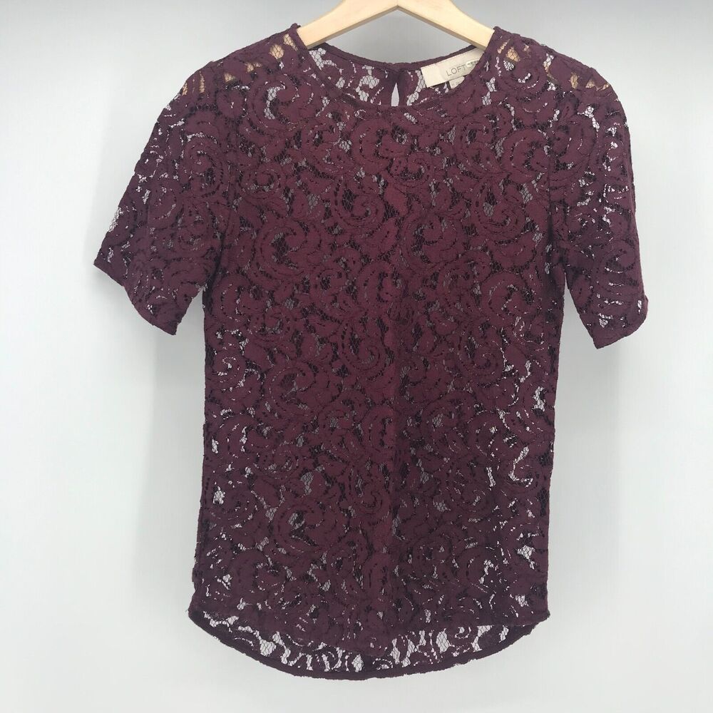 Ann Taylor LOFT Top Womens XS Red Maroon Lace Crew Neck Short Sleeve Sheer